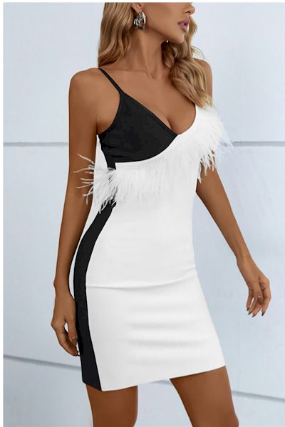 Black and White Sling Zip-up Feather Slim Mini Prom Dress