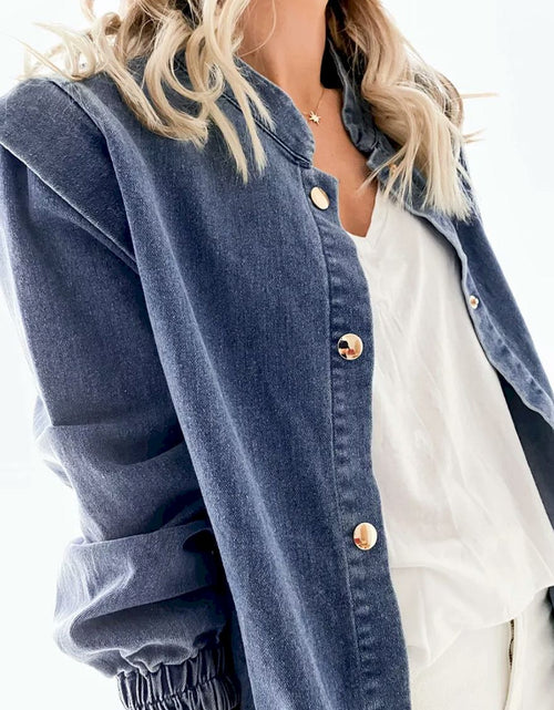 Load image into Gallery viewer, Blue Solid Color Elastic Cuffs Buttoned Denim Jacket
