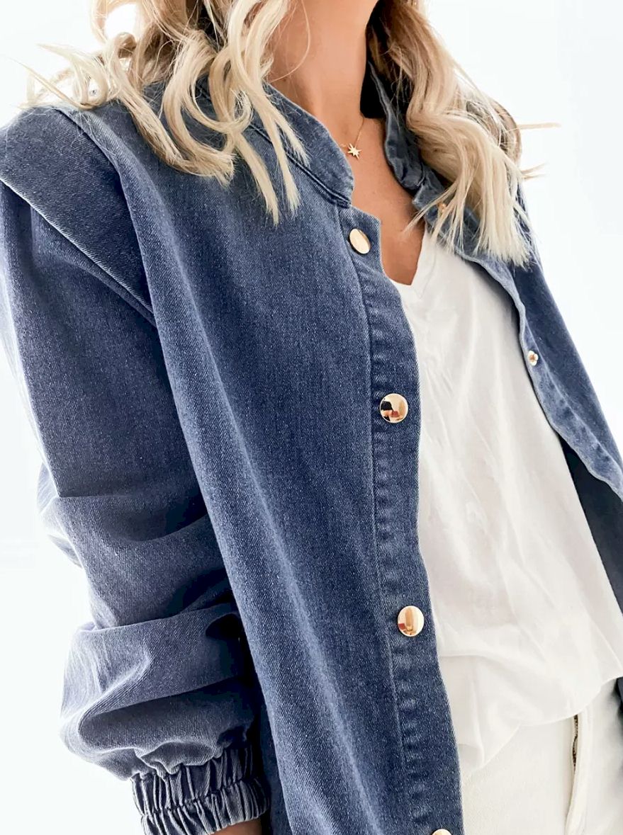 Blue Solid Color Elastic Cuffs Buttoned Denim Jacket