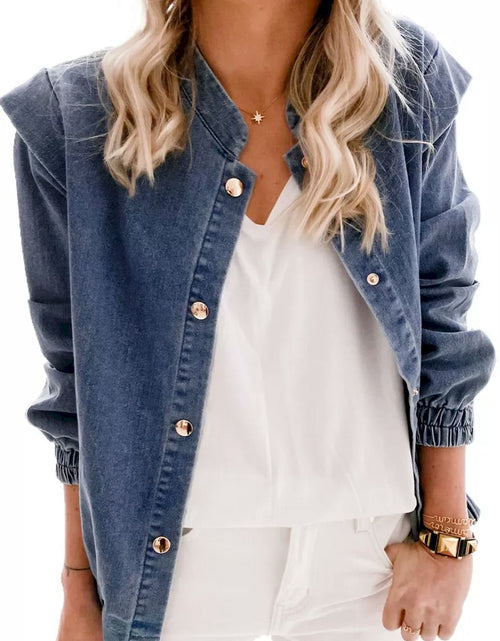 Load image into Gallery viewer, Blue Solid Color Elastic Cuffs Buttoned Denim Jacket
