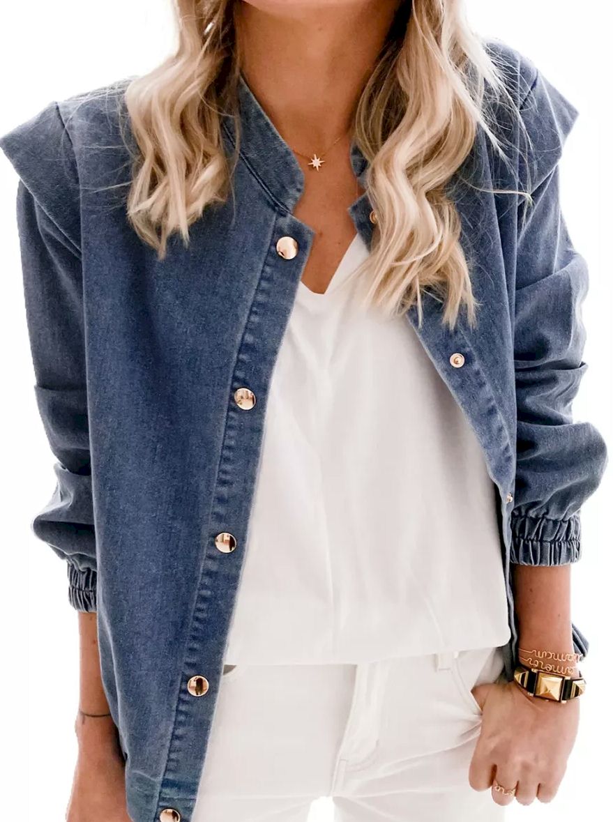 Blue Solid Color Elastic Cuffs Buttoned Denim Jacket