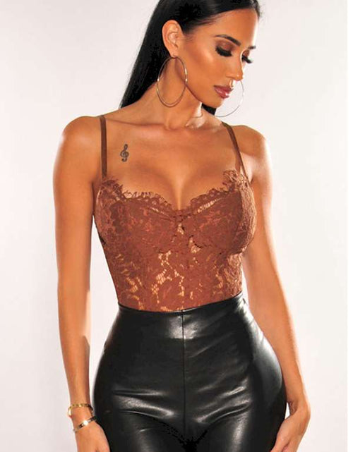 Load image into Gallery viewer, Brown Floral Lace Spaghetti Straps Cut out Back Bodysuit
