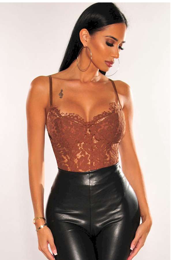 Brown Floral Lace Spaghetti Straps Cut out Back Bodysuit