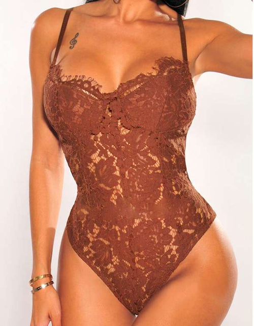 Load image into Gallery viewer, Brown Floral Lace Spaghetti Straps Cut out Back Bodysuit
