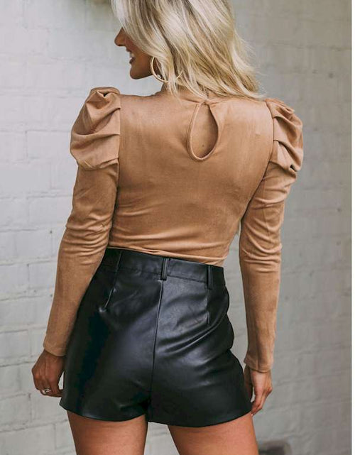 Load image into Gallery viewer, Brown Puff Sleeve Suede Bodysuit
