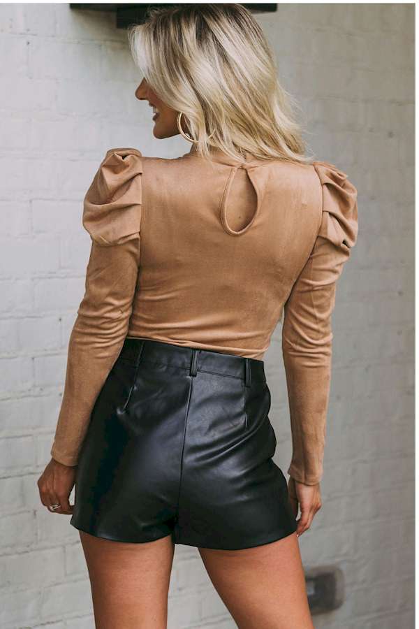 Brown Puff Sleeve Suede Bodysuit