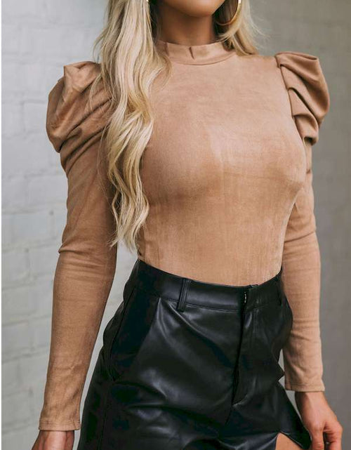 Load image into Gallery viewer, Brown Puff Sleeve Suede Bodysuit
