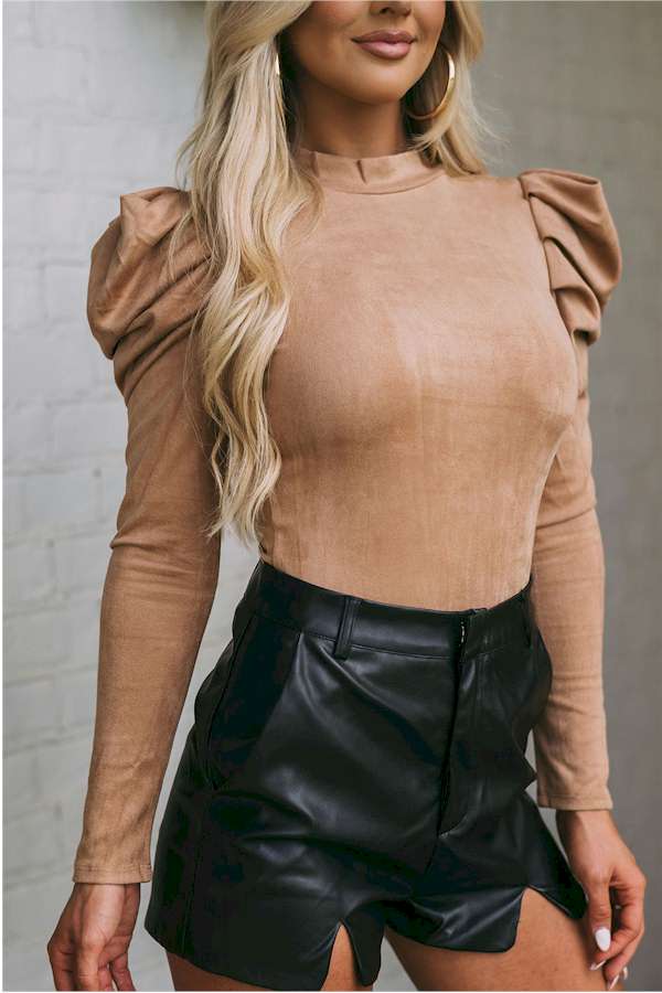 Brown Puff Sleeve Suede Bodysuit