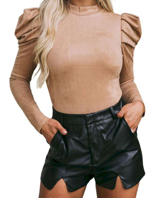 Load image into Gallery viewer, Brown Puff Sleeve Suede Bodysuit
