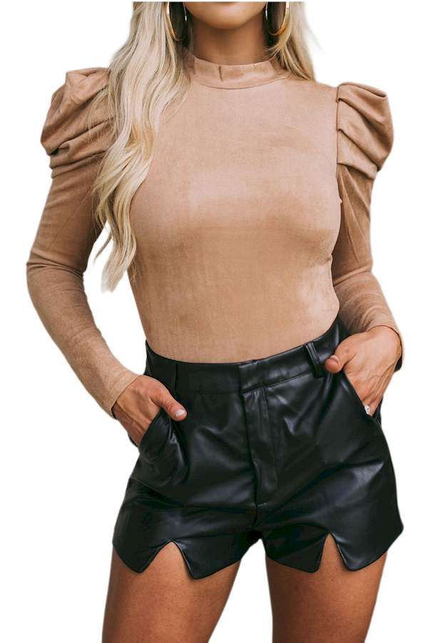 Brown Puff Sleeve Suede Bodysuit