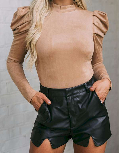 Load image into Gallery viewer, Brown Puff Sleeve Suede Bodysuit
