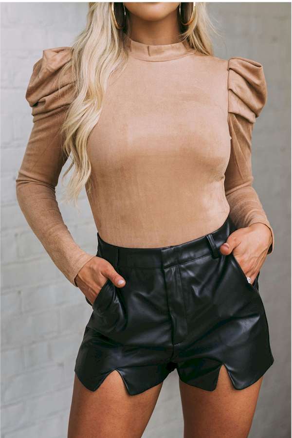 Brown Puff Sleeve Suede Bodysuit