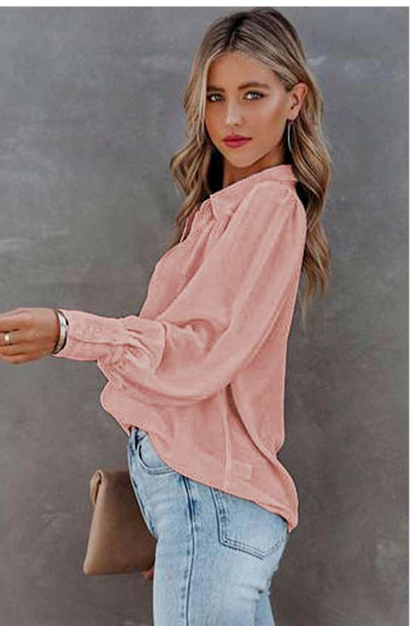 Pink Solid Button-up Loose Long Sleeve Shirt