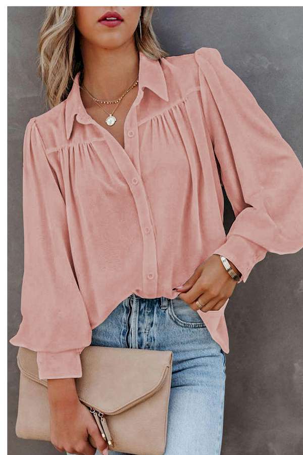 Pink Solid Button-up Loose Long Sleeve Shirt