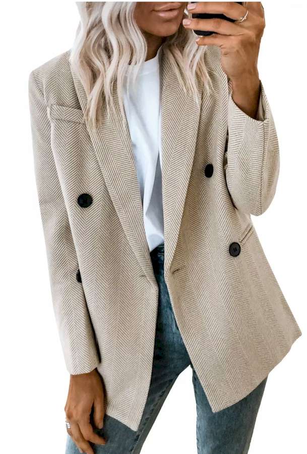 Chevron Ribbed Double Breasted Lapel Collar Blazer