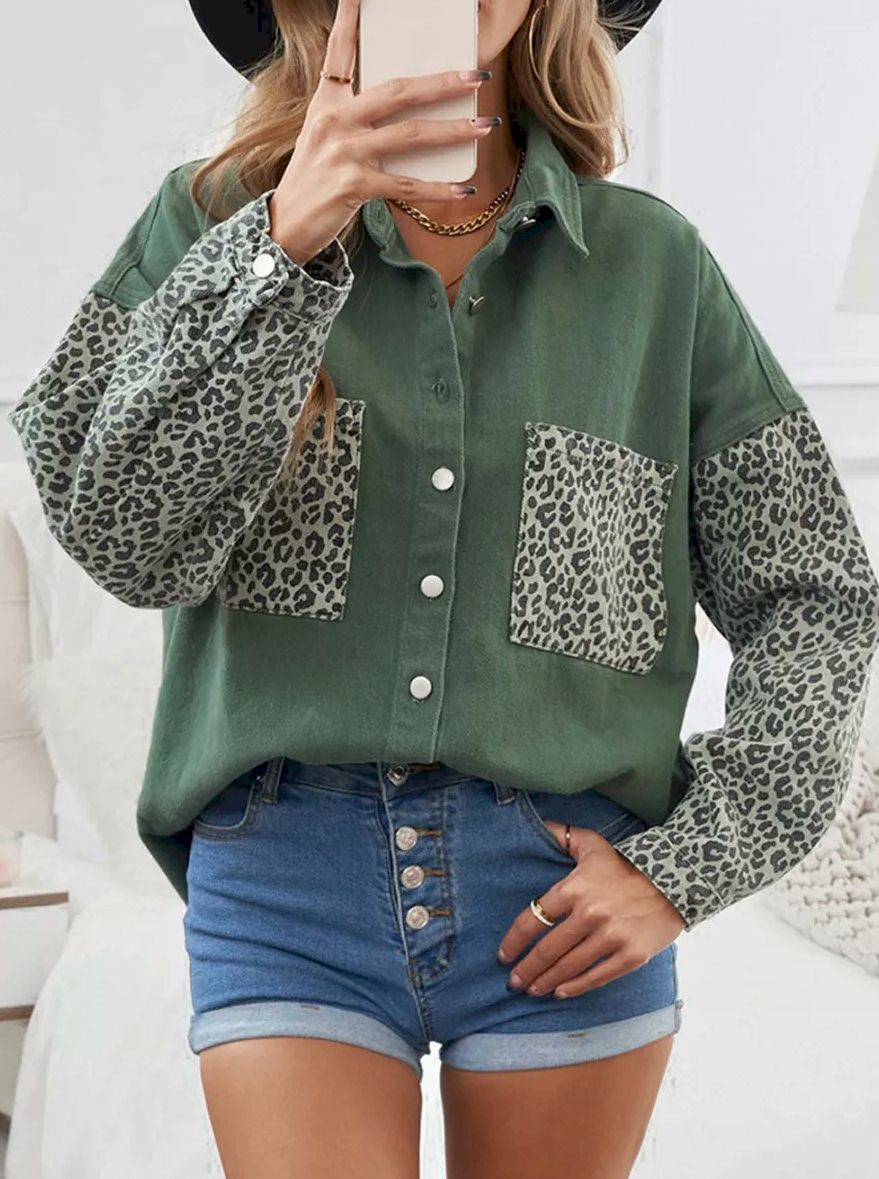 Contrast Leopard Denim Jacket