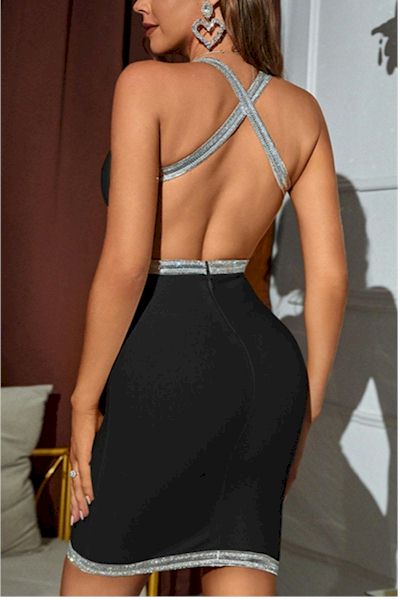 Load image into Gallery viewer, Daring Diva: Deep V Rhinestone Backless Mini Dress for the Fearless
