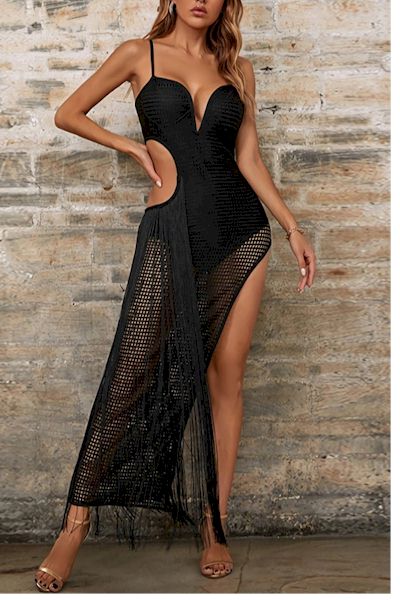 Load image into Gallery viewer, Deep V Sling Hollow Tassels Luxurious Sexy Midi Gown
