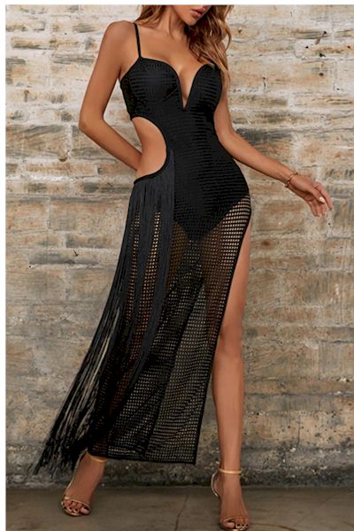 Deep V Sling Hollow Tassels Luxurious Sexy Midi Gown