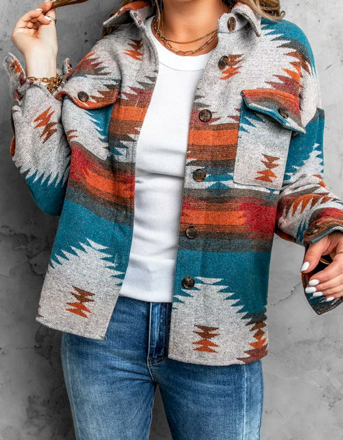 Load image into Gallery viewer, Distressed Aztec Print Lapel Long Sleeve Button Shirt Jacket
