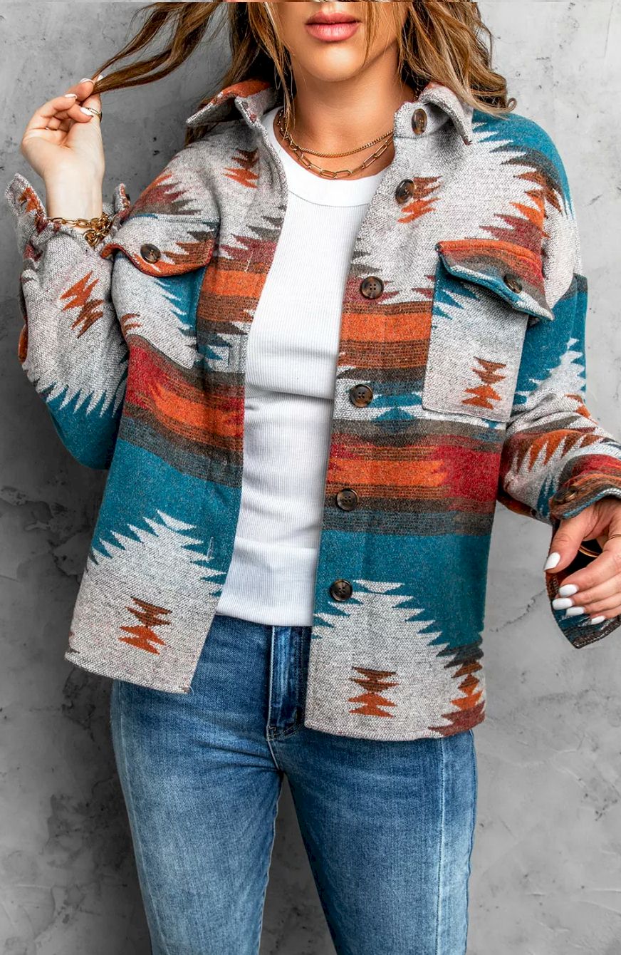 Distressed Aztec Print Lapel Long Sleeve Button Shirt Jacket