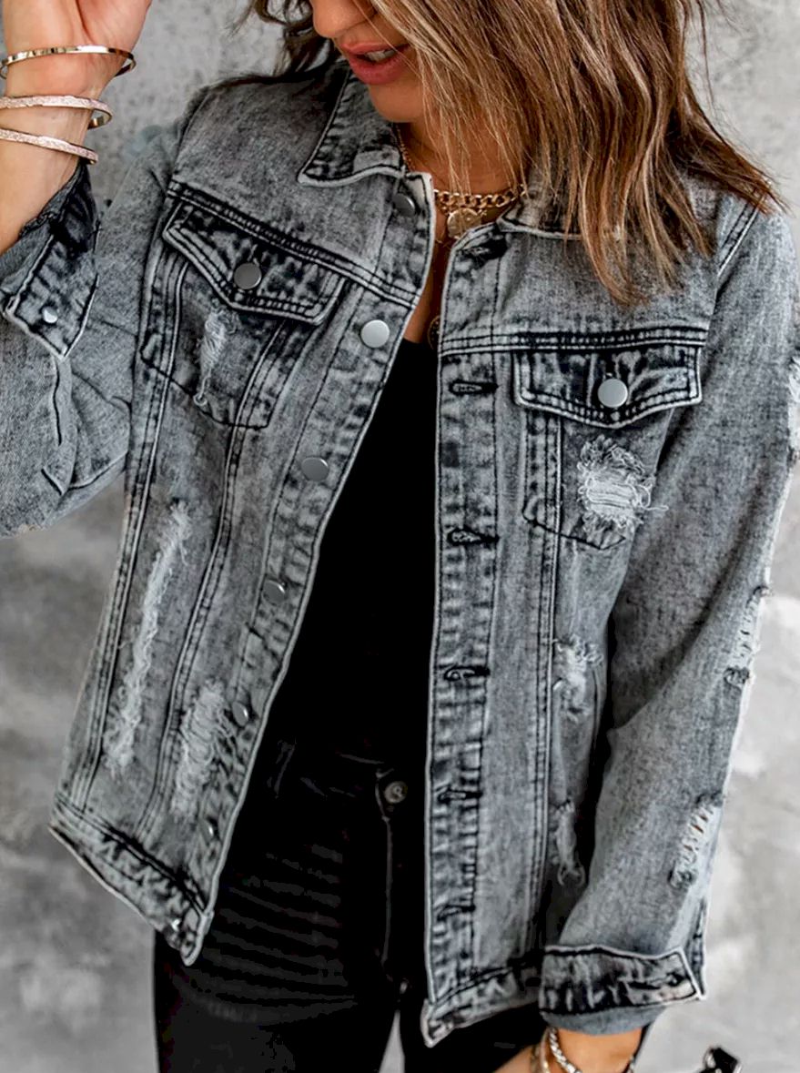 Distressed Buttons Washed Denim Jacket