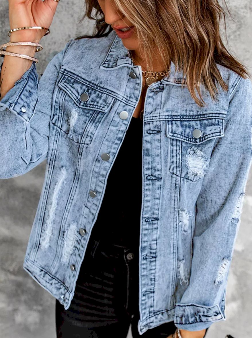 Distressed Buttons Washed Denim Jacket