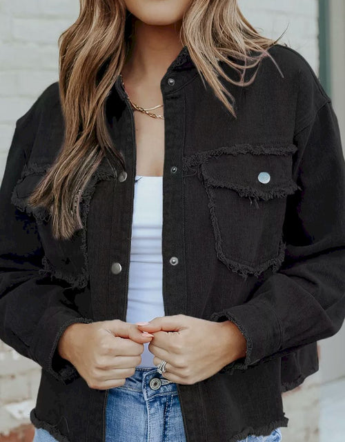 Load image into Gallery viewer, Distressed Flap Pockets Frayed Hemline Denim Jacket
