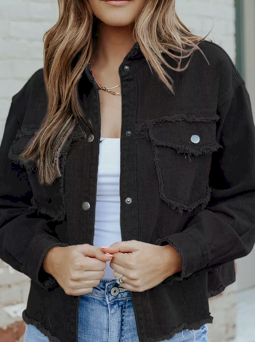 Distressed Flap Pockets Frayed Hemline Denim Jacket