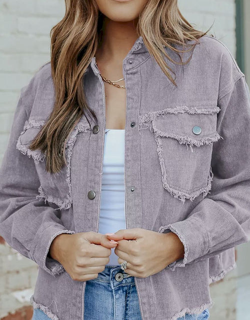 Load image into Gallery viewer, Distressed Flap Pockets Frayed Hemline Denim Jacket
