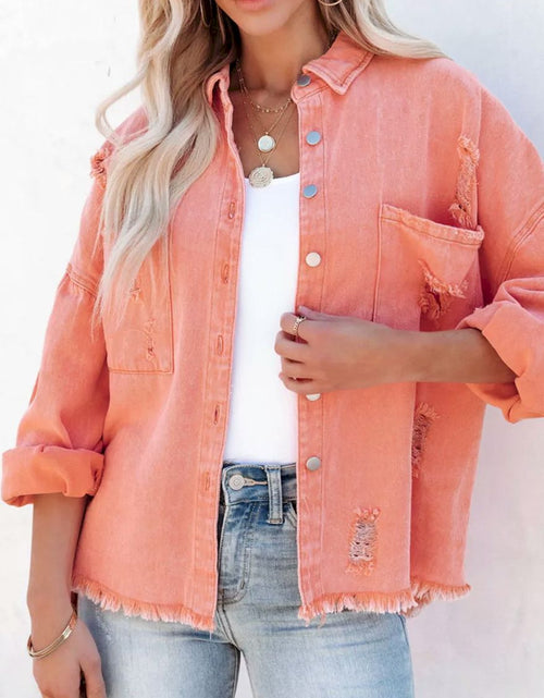 Load image into Gallery viewer, Distressed Fringe Trim Denim Jacket
