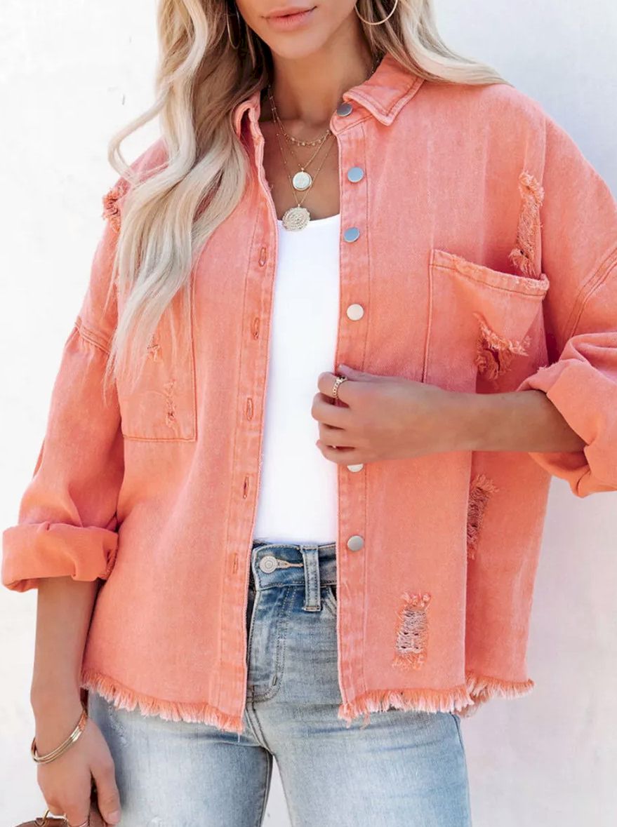 Distressed Fringe Trim Denim Jacket