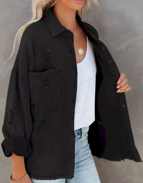 Load image into Gallery viewer, Distressed Fringe Trim Denim Jacket
