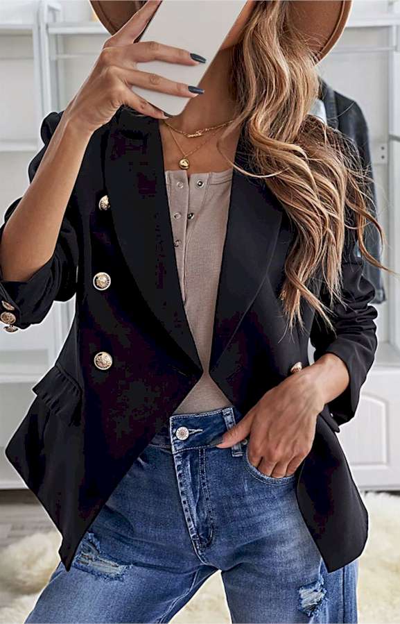 Double Breasted Long Sleeve Novelty Button Blazer