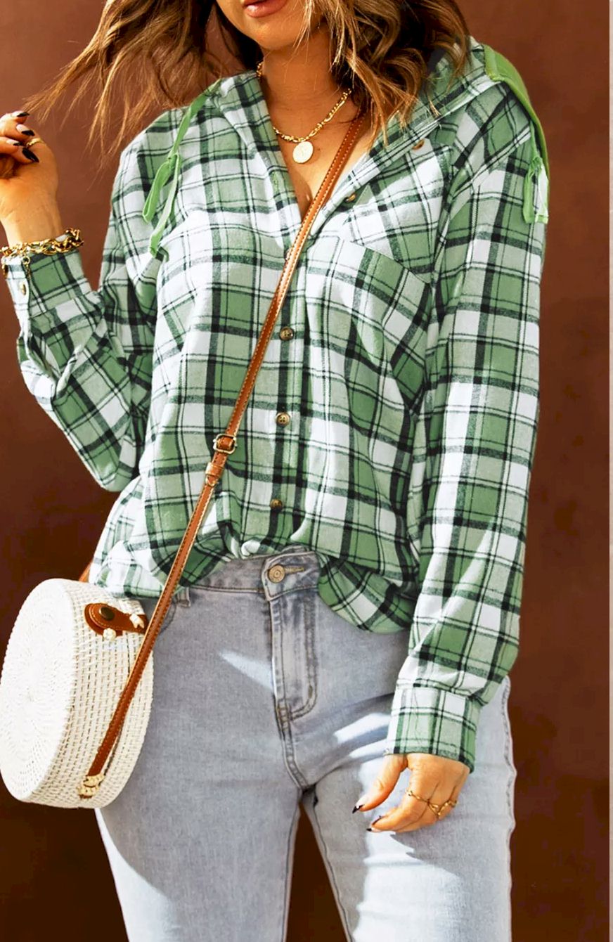 Drawstring Plaid Hooded Shirt Jacket