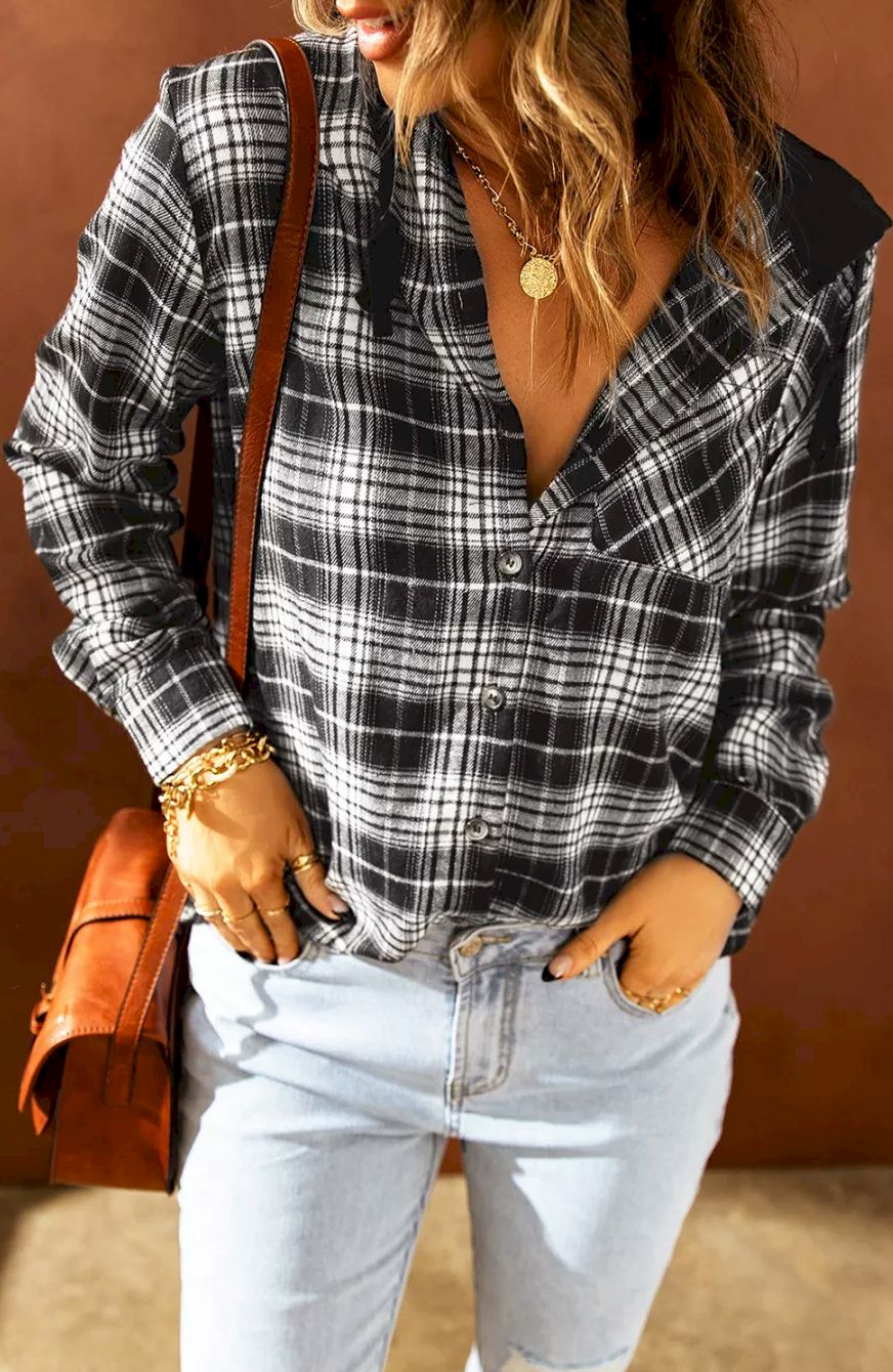 Drawstring Plaid Hooded Shirt Jacket