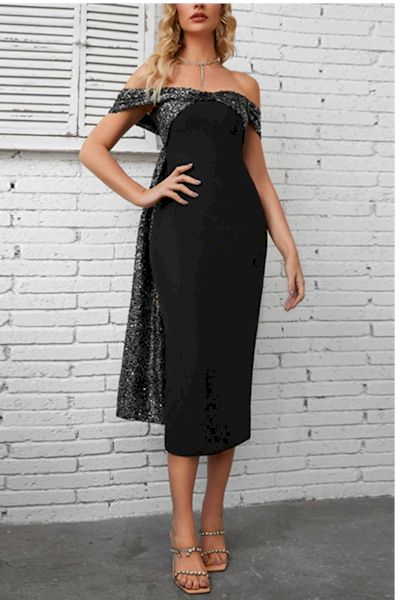 Load image into Gallery viewer, Elegant Off Shoulder Sequin Ribbon Quality Midi  Dress
