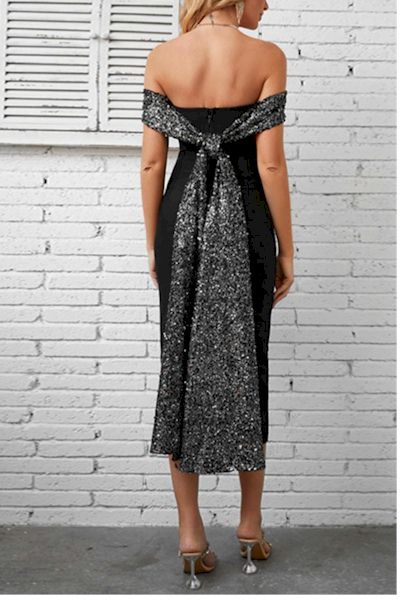 Load image into Gallery viewer, Elegant Off Shoulder Sequin Ribbon Quality Midi  Dress
