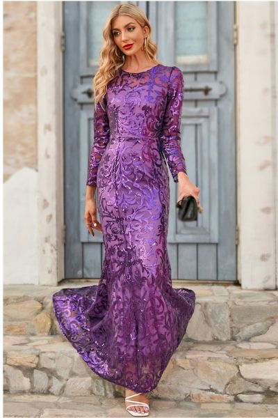 Elegant Sequin Long Sleeves Fishtail Prom Gown     Sizes S to 3XL