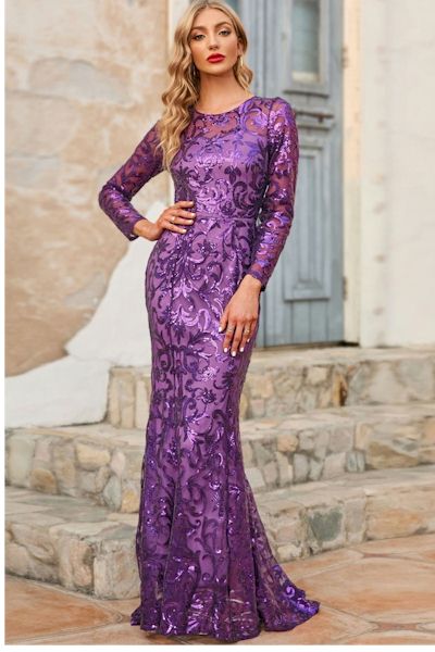 Load image into Gallery viewer, Elegant Sequin Long Sleeves Fishtail Prom Gown     Sizes S to 3XL
