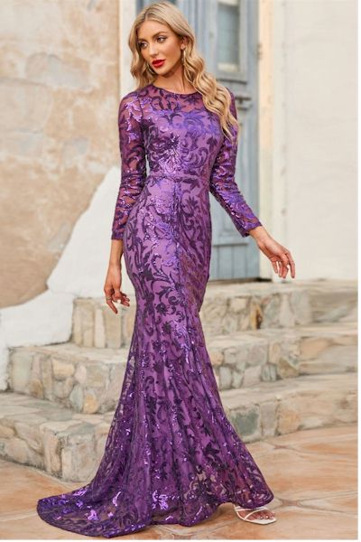 Elegant Sequin Long Sleeves Fishtail Prom Gown     Sizes S to 3XL