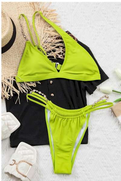 Green Padded One Shoulder Rhinestone Chain Decor Bikini