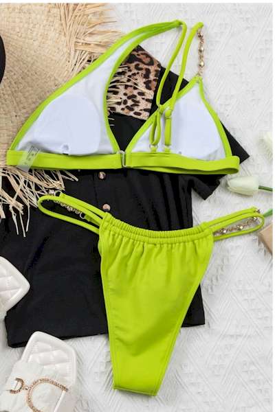 Load image into Gallery viewer, Green Padded One Shoulder Rhinestone Chain Decor Bikini
