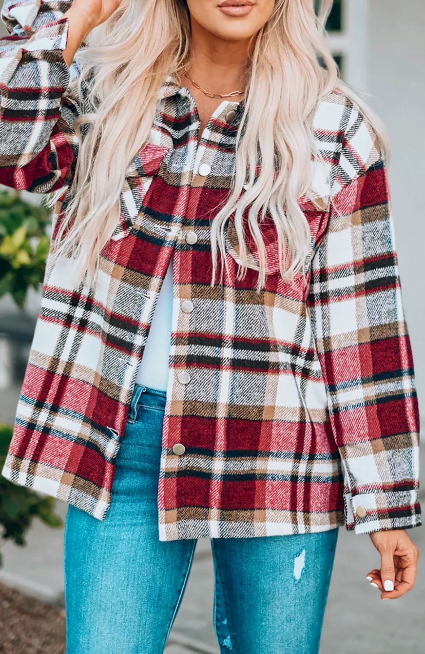 Geometric Plaid Print Pocketed Shirt