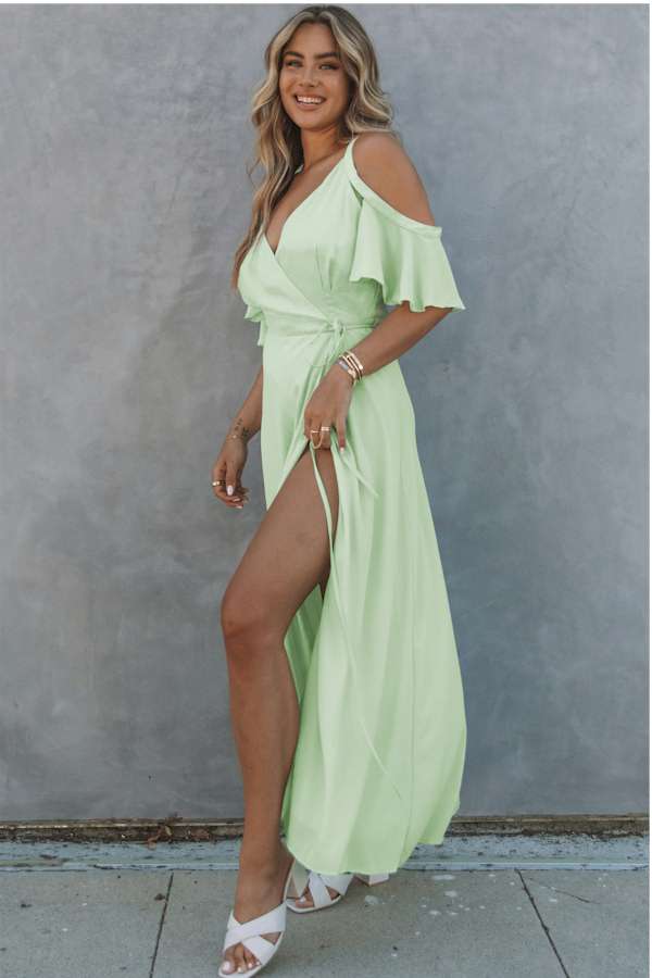 Exquisite Green Cold Shoulder Flutter Sleeves Maxi Dress