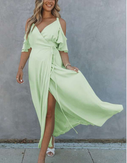 Load image into Gallery viewer, Exquisite Green Cold Shoulder Flutter Sleeves Maxi Dress
