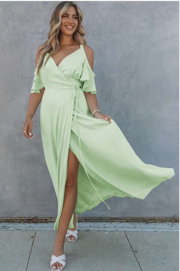 Exquisite Green Cold Shoulder Flutter Sleeves Maxi Dress