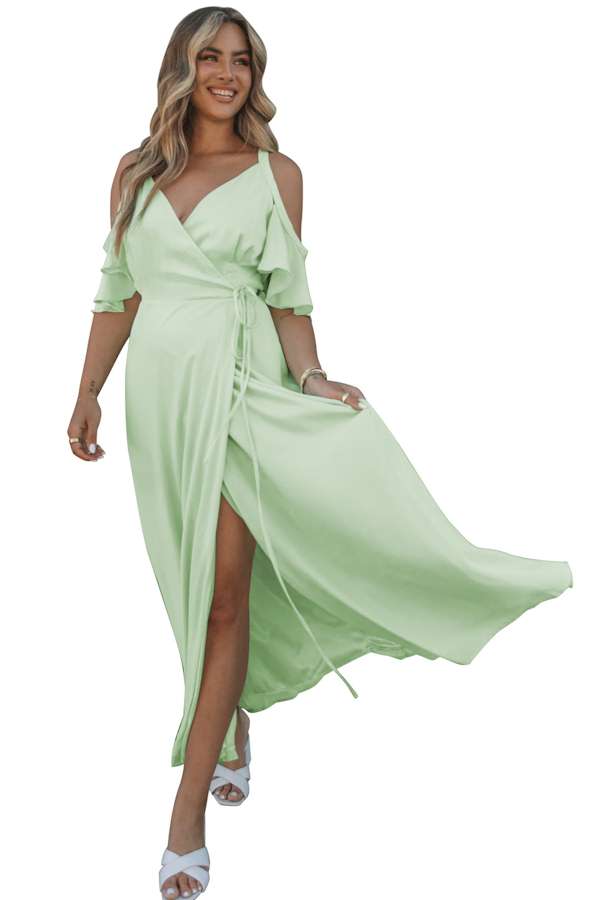 Exquisite Green Cold Shoulder Flutter Sleeves Maxi Dress