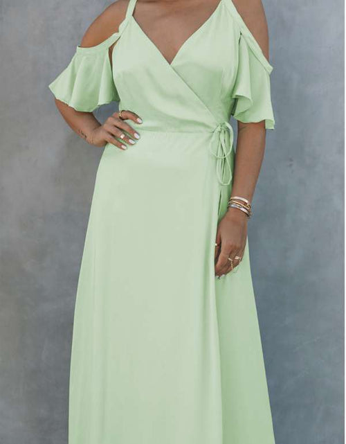 Load image into Gallery viewer, Exquisite Green Cold Shoulder Flutter Sleeves Maxi Dress
