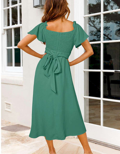 Load image into Gallery viewer, Chic Off-shoulder Smocked Tie Back Midi Dress
